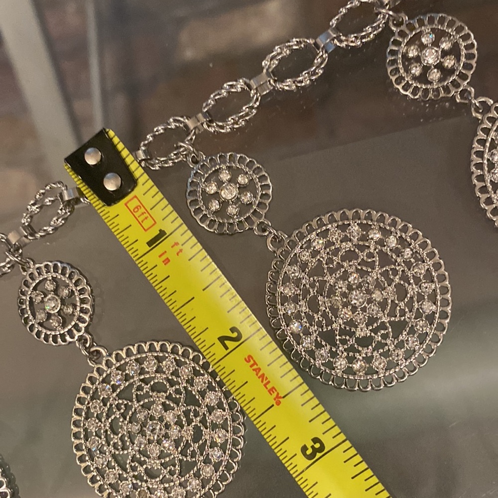 WHBM - silver tone bib necklace w 5 large & small rhinestone discs, multi chains - Picture 7 of 16